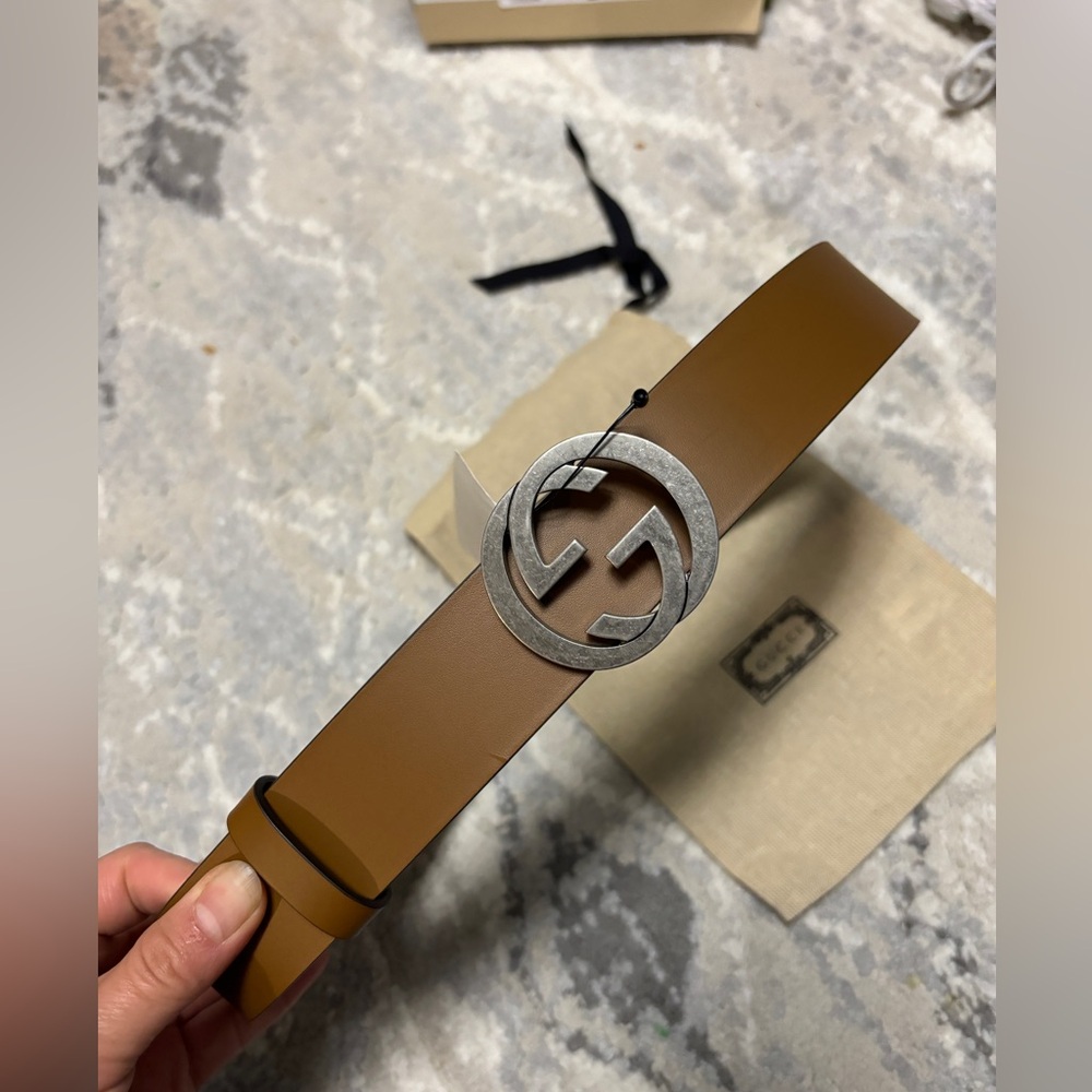New GUCCI 546389 INTERLOCKING LEATHER BELT BROWN